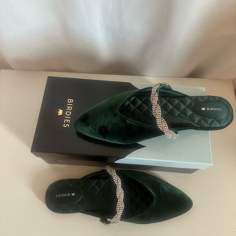 Birdies Emerald Velvet Swan Mules with Rhinestone Strap